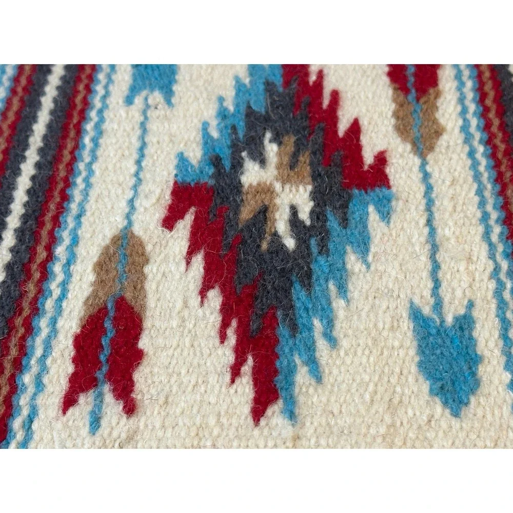 Southwestern Handwoven Wool Textile Small Rug Arrow Diamond Fringed Cream 10x13